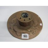 NEWLYN COPPER STYLE, copper circular base ink stand decorated with 3 leaping fish, 7.5" dia