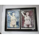 FEMALE NUDES, diptych colour prints of Nude Female Figures, indistinct signatures and