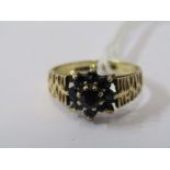 SAPPHIRE CLUSTER RING, 9ct yellow gold sapphire cluster ring, size N/O