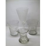 ANTIQUE GLASSWARE, Masonic engraved waisted body glass tot, also 2 finely cut and etched glass