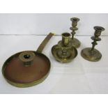 ANTIQUE BRASSWARE, stamped brass long handled chamber stick; also pair of circular based 5.5"