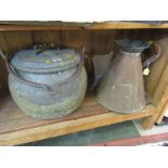 ANTIQUE METALWARE, 2 gallon copper conical jug and swing handle vintage cauldron