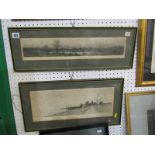 ETCHINGS, 2 indistinctly signed etchings "Sunset over Riverscape", 3" x 19"; together with "