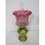 OIL LAMP, Edwardian cranberry glass crinoline edge oil lamp shade with glass lamp base