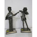 SILVERPLATE, pair of a musician base 11" candlesticks, comprising of lady guitar player and fiddle