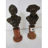 BRONZES, pair of coloured marble column base bronze busts "Holbein" and "Van Dyck", 7.5" height