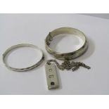 SILVER JEWELLERY, a silver 1oz ingot on chain together with 2 silver hinge bangles