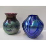 ART GLASS, 2 blue irridesent glass vases by Okra, 4.5" height