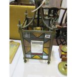 ARTS & CRAFTS, stained glass and brass square bodied hanging lantern, 23" height 9" width