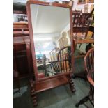 VICTORIAN CHEVAL MIRROR, mahogany framed scroll arm support cheval mirror