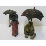 VICTORIAN TOY, painted cast iron "Tremble" toy of lady cat with parasol, 3.5" height