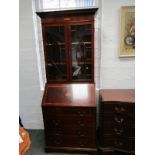 SHERATON REVIVAL BUREAU BOOKCASE, satinwood inlaid mahogany narrow bureau bookcase, 29" width