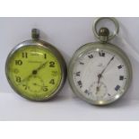 POCKET WATCHES, 2 pocket watches, 1 signed Omega, other Jaeger LeCoultre military, both untested