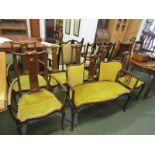 ART NOUVEAU MARQUETRY LOUNGE SUITE, 2 seater settee with pair of open armchairs & 4 salon chairs,