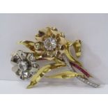 RUBY & DIAMOND BROOCH, unusual heavy 18ct yellow & white gold ruby & diamond set brooch, stems of