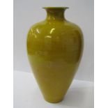 ORIENTAL CERAMICS, mustard glazed 11" vase, tapering baluster form with 6 character base mark (rim