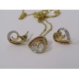 9ct YELLOW GOLD RUBY & DIAMOND EARRING AND PENDANT SET, earrings and pendant of heart form on fine