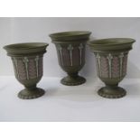 ANTIQUE WEDGWOOD JASPERWARE, Tri-coloured decoration on 3 circular pedestal base vases, max height