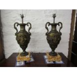 LIGHTING, pair of coloured marble base classical design urn bronze table lights, 18" height