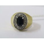 18ct YELLOW GOLD SAPPHIRE & DIAMOND RING, principal sapphire set in 4 claw mount, surrounded by a