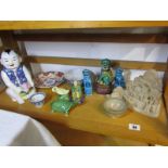 ORIENTAL CERAMICS, 3 glazed small temple dogs, Imari petal shaped dish, carved soap stone temple