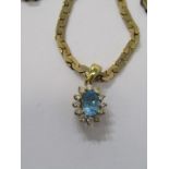 9ct YELLOW GOLD BLUE TOPAZ & DIAMOND PENDANT on 9ct yellow gold necklace