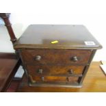 VICTORIAN TABLETOP CABINET, walnut triple drawer tabletop cabinet with wooden knop handles, 10"