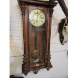 REGULATOR CLOCK, Edwardian wall mounted regulator clock with applied column decorations, 40" length