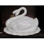 SWAN TUREEN, Victorian pottery tureen moulded as resting Swan, 85" height