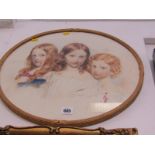 VICTORIAN PORTRAITS, oval watercolour, portrait of 3 girls, 15" x 17"