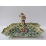 19th CENTURY CONTINENTAL PORCELAIN, floral encrusted Cherub Lyre musician crested flower holder, 10"