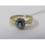 9ct YELLOW GOLD SAPPHIRE & DIAMOND CLUSTER RING, principal pale blue sapphire surrounded by accent