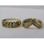 2, 9ct YELLOW GOLD RINGS, 1 wishbone style, the other curb style