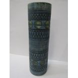 TROIKA, blue banded 14.5" cylindrical vase of geometric design, signed N. D.