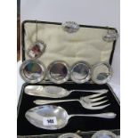 SILVER PLATE, A boxed plated 3 piece serving set, gravy boat, bon-bon dishes and decanter labels etc