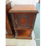 MAPLE & CO BEDSIDE CABINET, panel cupboard door with carved borders and fluted column open shelf