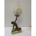 ART DECO LAMP, alabaster base table lamp with nude woman support and frosted flame glass shade