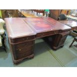 PARTNERS DESK, twin pedestal mahogany partners desk with gilt tooled leather top, blind fretwork