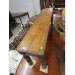 ANTIQUE OAK WINDOW BENCH, carved oak bench with turned and carved leg supports, 52" width