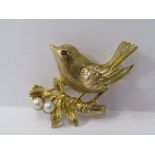 9ct YELLOW GOLD BROOCH, form of a Bird on a branch, onyx set eye, cultured pearls in branch