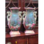 CONTINENTAL PORCELAIN, pair of 19th Century twin dragon handled garniture vases, decorated with