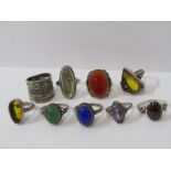 SELECTION OF SILVER RINGS, 9 in total, stoneset including carneleon, modern amber, jade, amethyst,