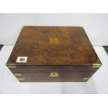 VICTORIAN WRITING BOX, burr walnut writing box with brass inset corners, 12" width