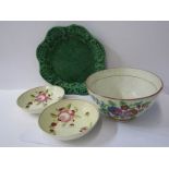 ANTIQUE CREAMWARE POTTERY, early 19th Century green glazed tea pot stand, also pair of creamware