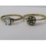 2 x 9ct YELLOW GOLD RINGS, 1 seed pearl and sapphire, other possibly aquamarine, size Q & R