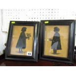 SILHOUETTES, pair of painted and gilded silhouettes of Young girls with posies of flowers, 7" x 5"