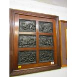 BRONZE, framed set of 6 bronze relief plaques depicting mythological scenes, 4.5" x 6" each plaque