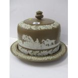 VICTORIAN STONEWARE STILTON DISH, brown stoneware cheese dome and plate decorated with hunting scene
