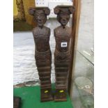 ANTIQUE CARVINGS, pair of Flemish carved oak caryatid figure columns, 25" height