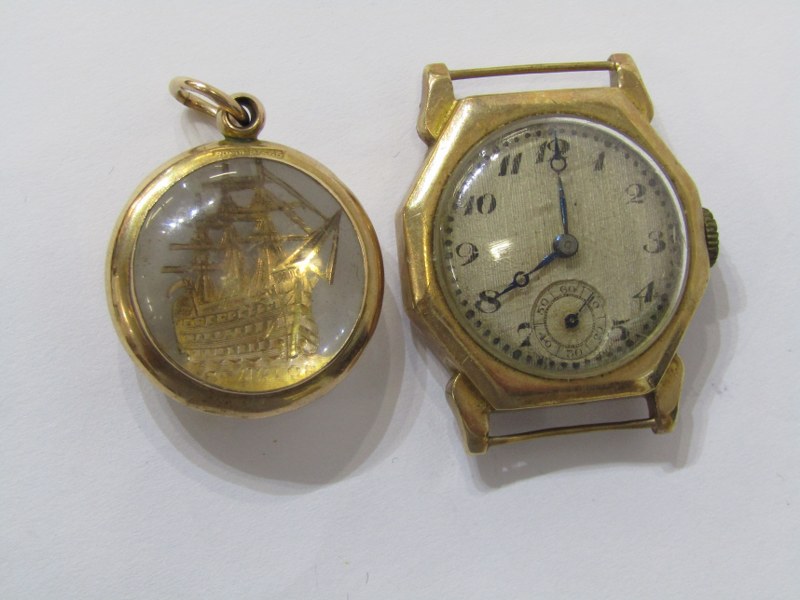 9ct YELLOW GOLD CASED WRIST WATCH and gold cased tall ships fob